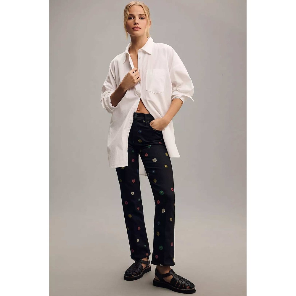 MOTHER The Insider Flood Jeans Fresh As A Daisy Black Embroidered Floral 25
